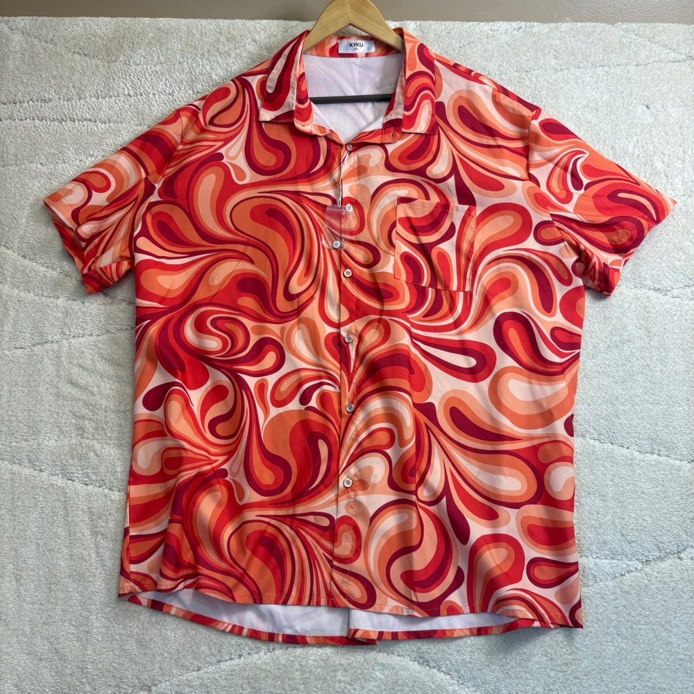KYKU Men's 2XL Retro 70s Psychedelic Swirl Button-Down Shirt Orange NEW*